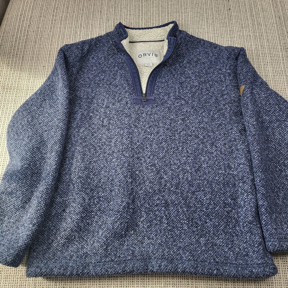 Orvis Sweater Mens Large Blue Quarter Zip Sherpa Lined Fleece Knit Pullover Warm